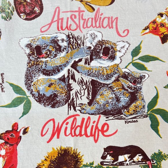 Vintage Wildlife Of Australia Linen Tablecloth Wall Hanging Koala Bear 52” X 45” - Picture 9 of 9